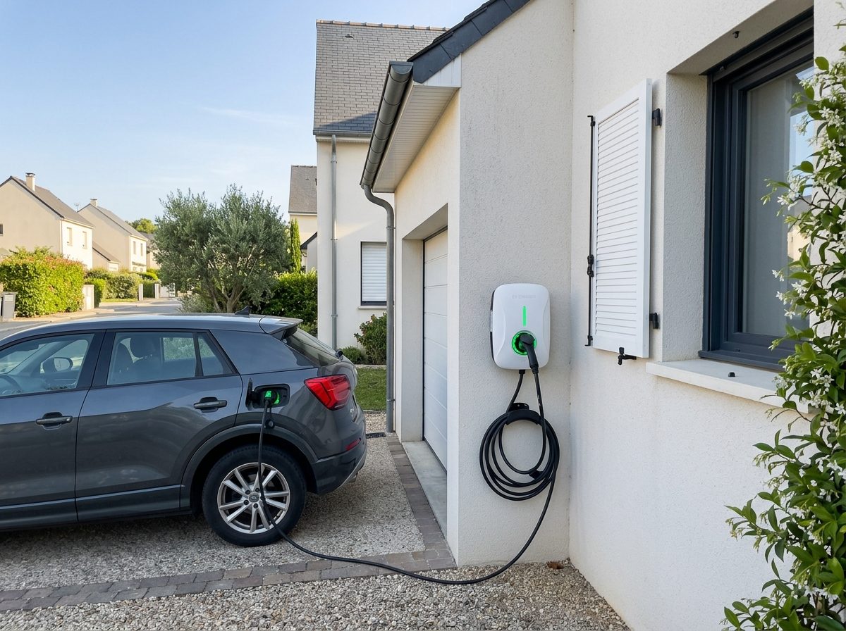 Borne de recharge murale installée sur une maison, véhicule électrique branché